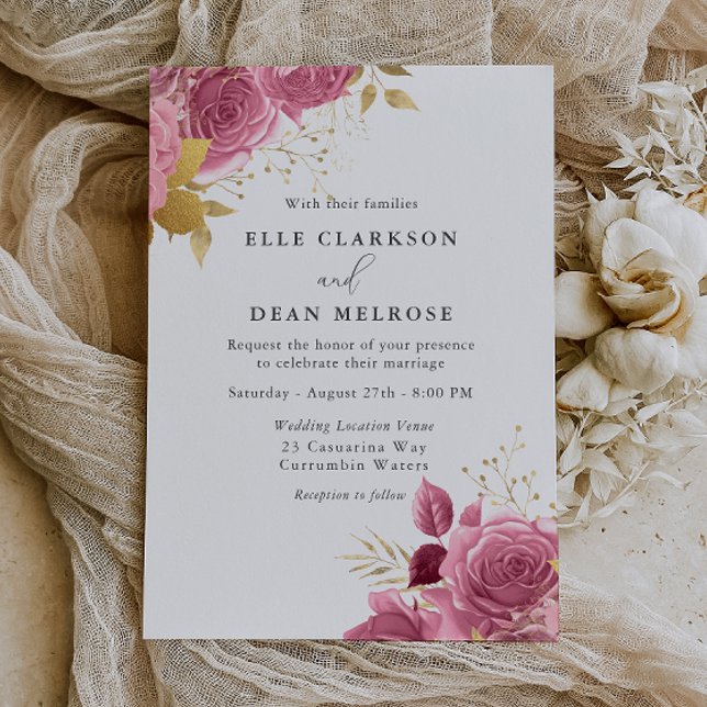 Invitation Rose Pâle & Or Floral Élégant Mariage (Créateur téléchargé)