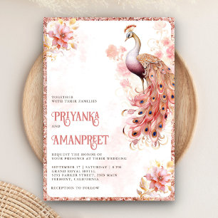 Invitation Rose Pâle Or Floral Indien Paon Mariage