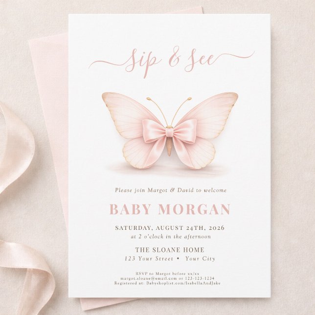 Invitation Rose Pâle Petit Papillon Nœud Fille Baby Shower (Créateur téléchargé)