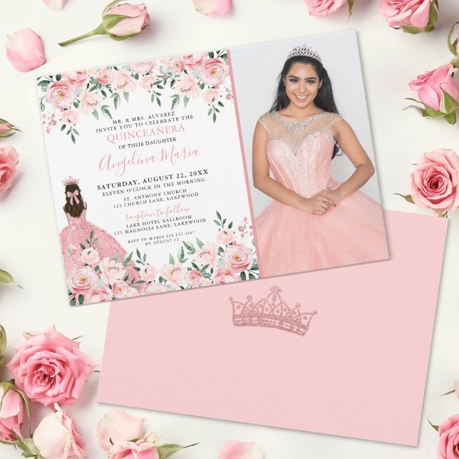 Invitation Rose Pâle Photo Floral Quinceanera (Floral Photo Blush Pink Quinceanera Invitation)