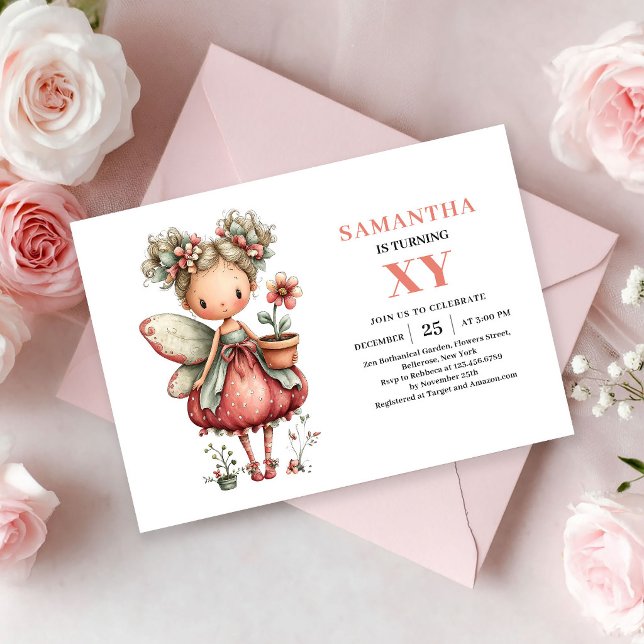 Invitation rose pâle pour l'anniversaire de la Fil (Whimsical Cute Fairy Girl Pastel Pink Floral invitation)