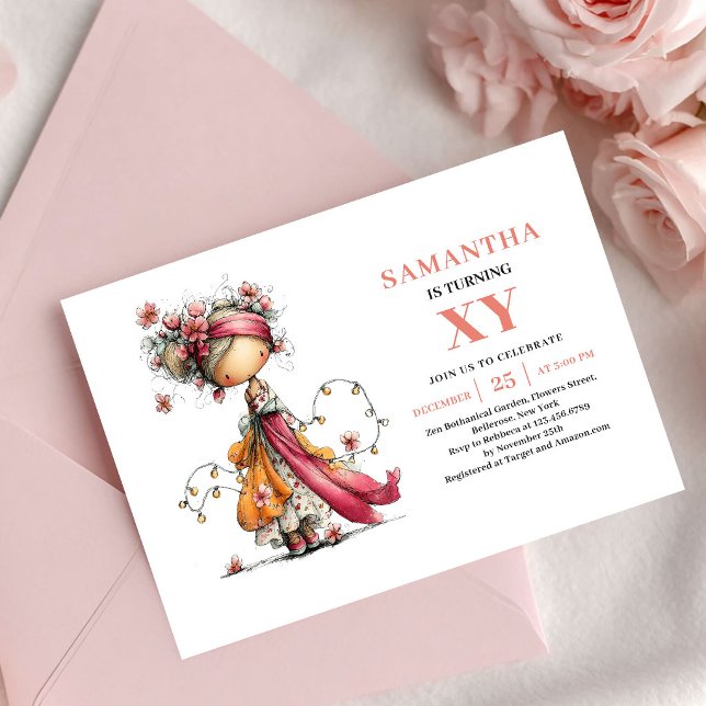 Invitation rose pâle pour les 6 ans de la jolie fi (Cute Fairy Girl 6th Birthday Pink Blush invitation)