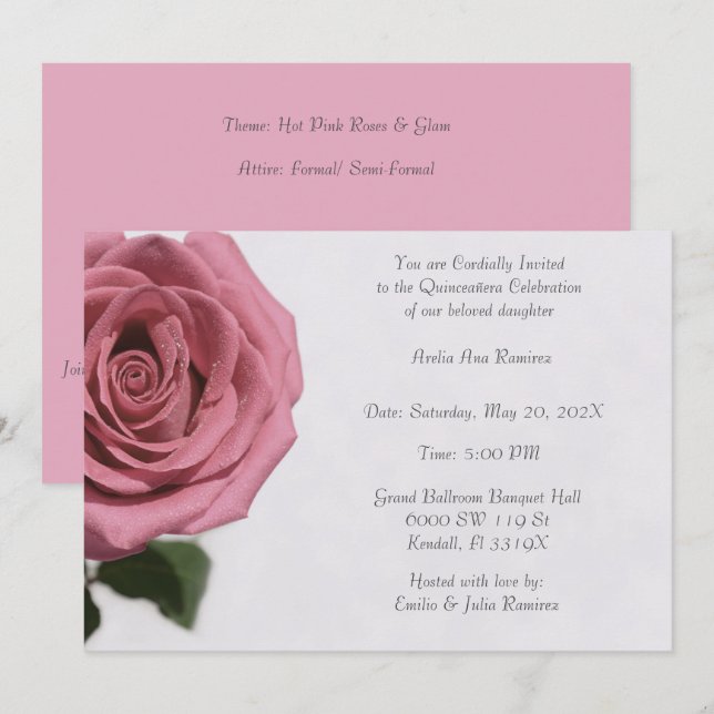 Invitation Rose pâle Quinceañera (Devant / Derrière)