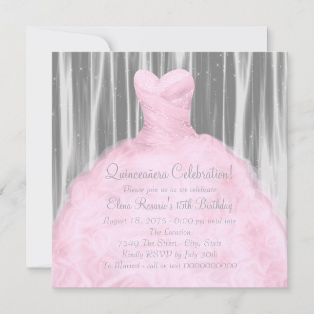 Invitation Rose Pâle Quinceañera Gris (Devant)