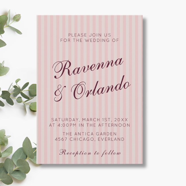 Invitation Rose Pâle Rétro Rayures Bourgogne Vin Mariage (Créateur téléchargé)