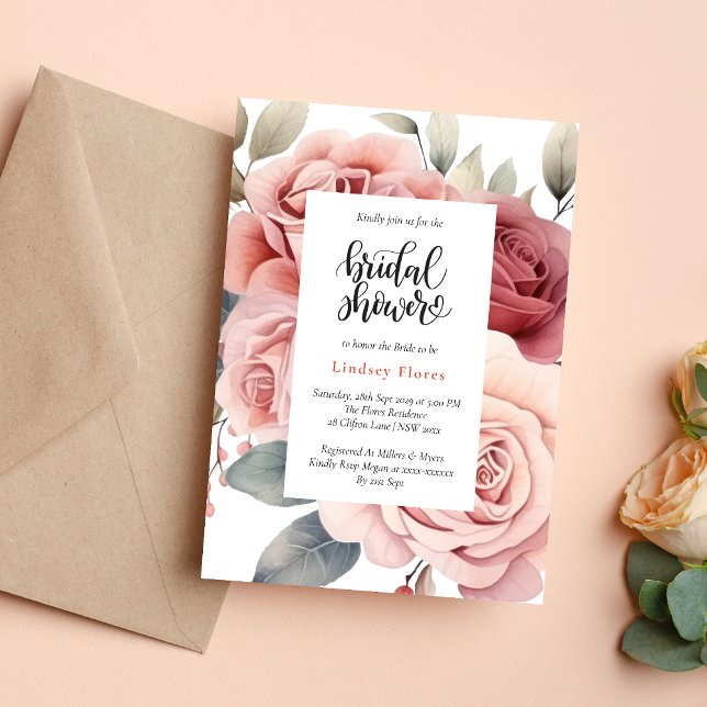 Invitation Rose Pâle Rustique Feuillage Feuilles Baby Shower  (Rustic pink rose greenery leaves invitation creates a warm, romantic bridal shower tone)