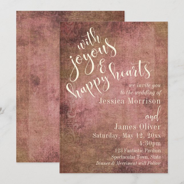 Invitation Rose Pâle Rustique & Toile de Jute Typographie Vin (Devant / Derrière)