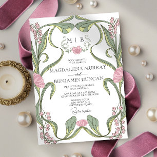Invitation Rose Pâle Sage Art Nouveau Floral Mariage Vintage