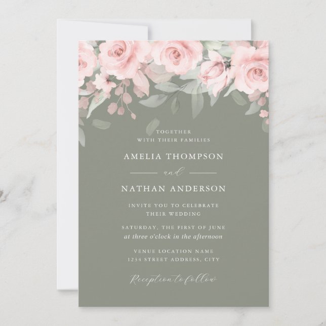 Invitation Rose Pâle Sage Floral Élégant Mariage  (Devant)