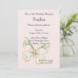 Invitation Rose Pâle Vert Menthe Or Papillon Anniversaire