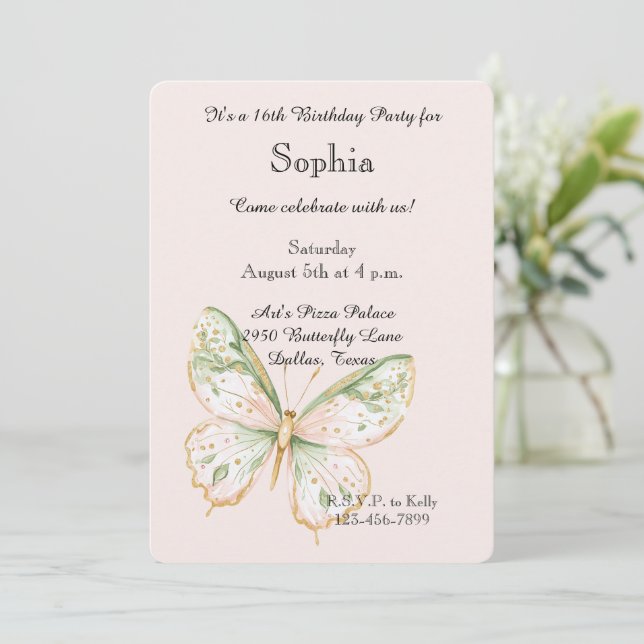 Invitation Rose Pâle Vert Menthe Or Papillon Anniversaire (Debout devant)