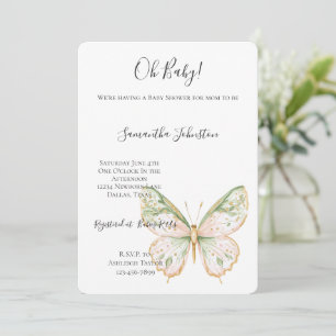 Invitation Rose Pâle Vert Menthe Or Papillon Baby Shower