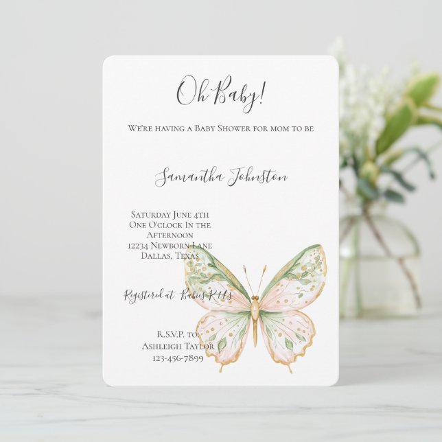 Invitation Rose Pâle Vert Menthe Or Papillon Baby Shower (Debout devant)