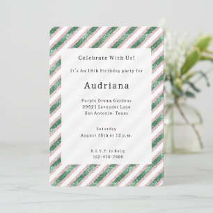 Invitation Rose Pâle Vert Pailleté Glamour Chic Rayures Anniv