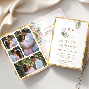 Invitation Rose Pâle Vert Sauge Floral Tout en Un Mariage