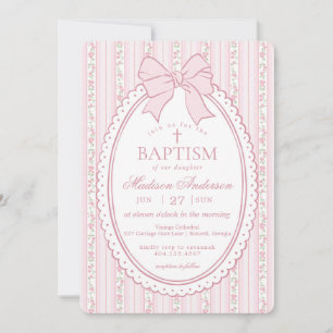 Invitation Rose Pâle Vintage Floral Élégant Baptême