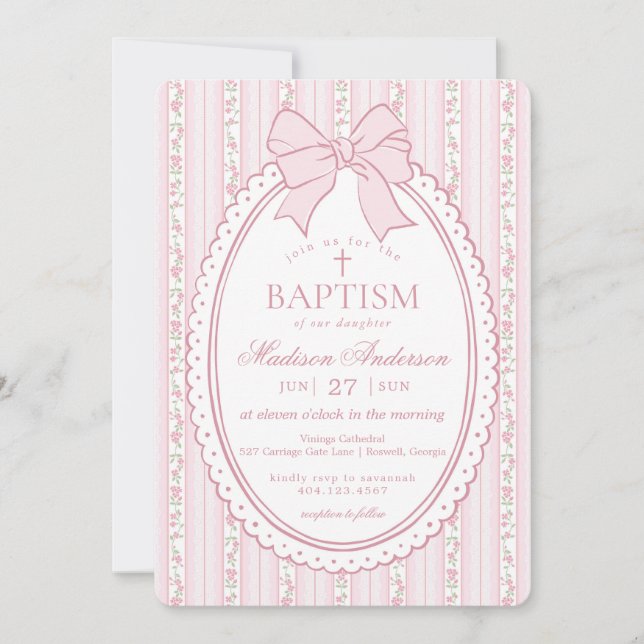 Invitation Rose Pâle Vintage Floral Élégant Baptême (Devant)