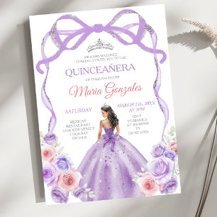 Invitation Rose Pâle Violet Bow Princesse Argent Quinceañera