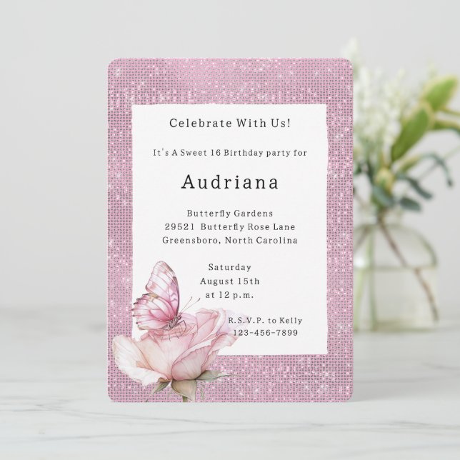 Invitation Rose Papillon Étincelle Rose Foncé Anniversaire (Debout devant)