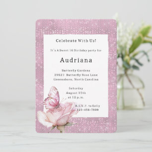 Invitation Rose Papillon Étincelle Rose Foncé Anniversaire