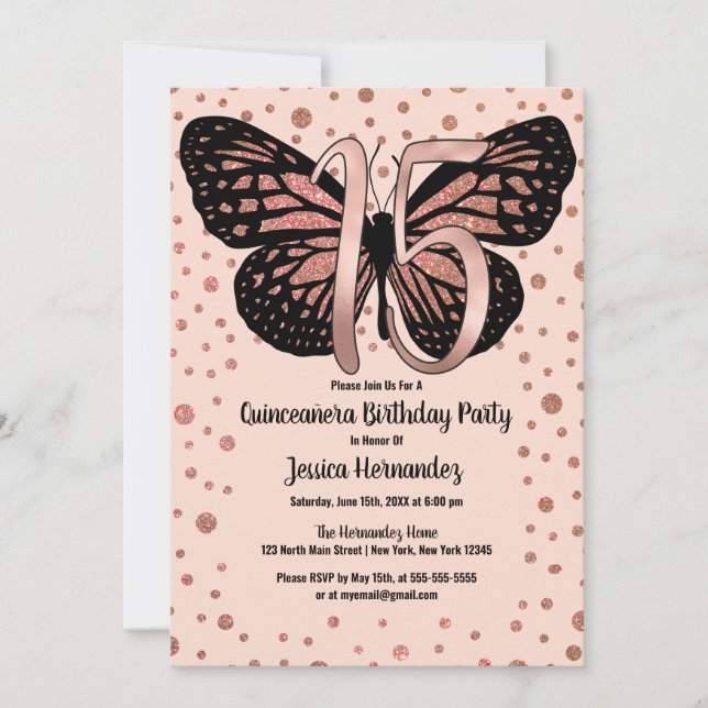 Invitation Rose   Papillon rose Parties scintillant Confetti  (Devant)