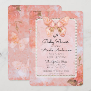 Invitation Rose papillon vintage rose corail Baby Shower