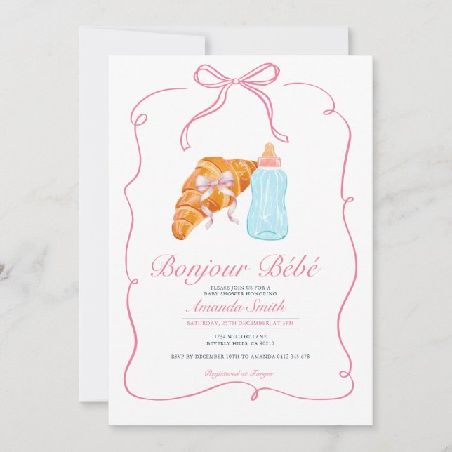 Invitation Rose Paris Arc Croissant Café Baby Shower (Devant)