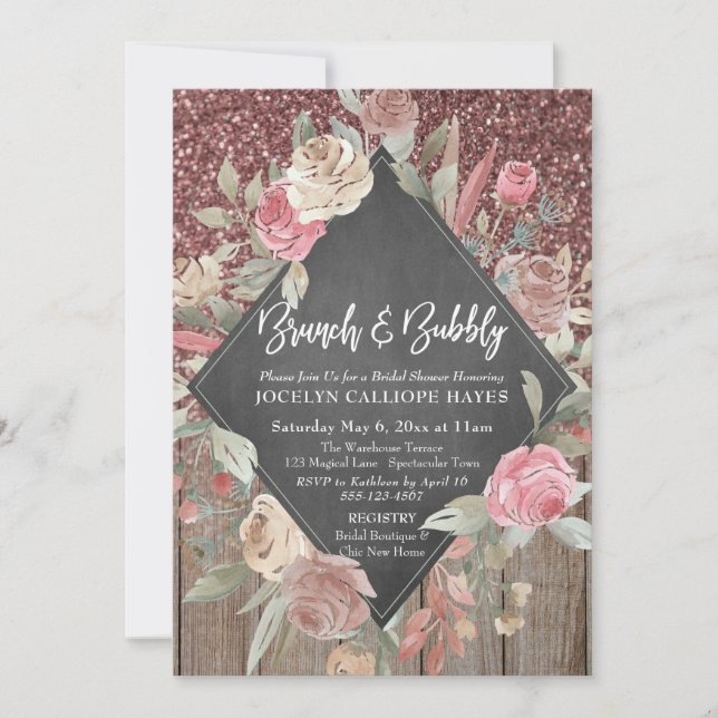 Invitation Rose Parties scintillant Bois Floral Chalboard Bru (Devant)