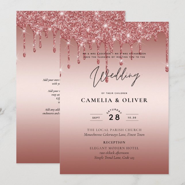 Invitation Rose Parties scintillant de goutte d'or Mariage mo (Devant / Derrière)