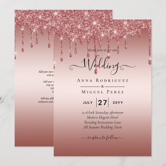 Invitation Rose Parties scintillant de goutte d'or Mariage mo (Devant / Derrière)