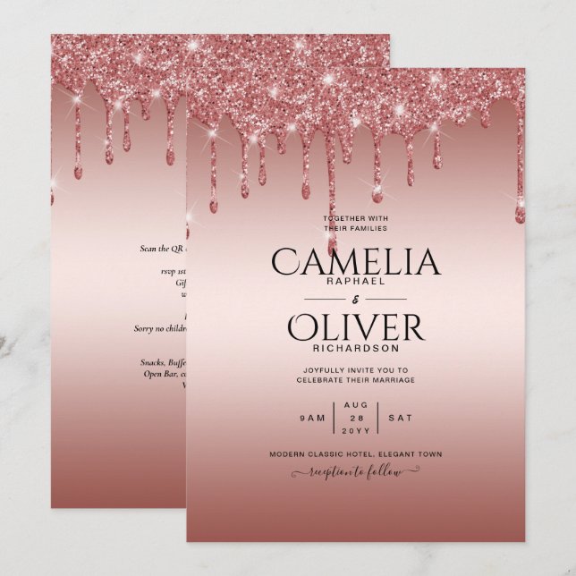 Invitation Rose Parties scintillant de goutte d'or Mariage mo (Devant / Derrière)