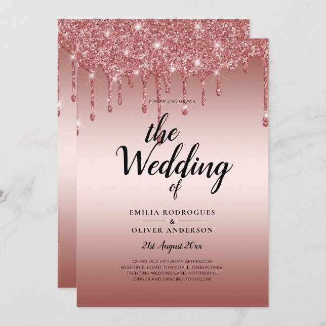 Invitation Rose Parties scintillant de goutte d'or Mariage mo (Devant / Derrière)