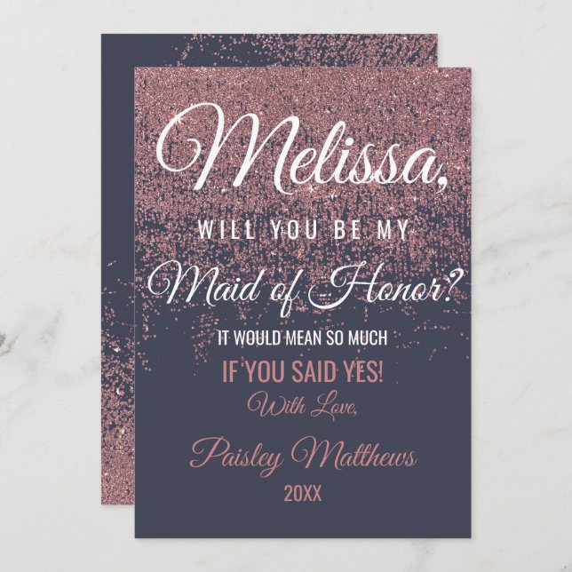 Invitation Rose Parties scintillant d'or étincelle marine ble (Devant / Derrière)