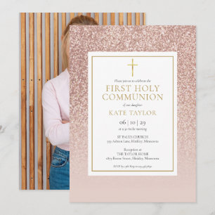 Invitation Rose Parties scintillant d'or Première Sainte Comm