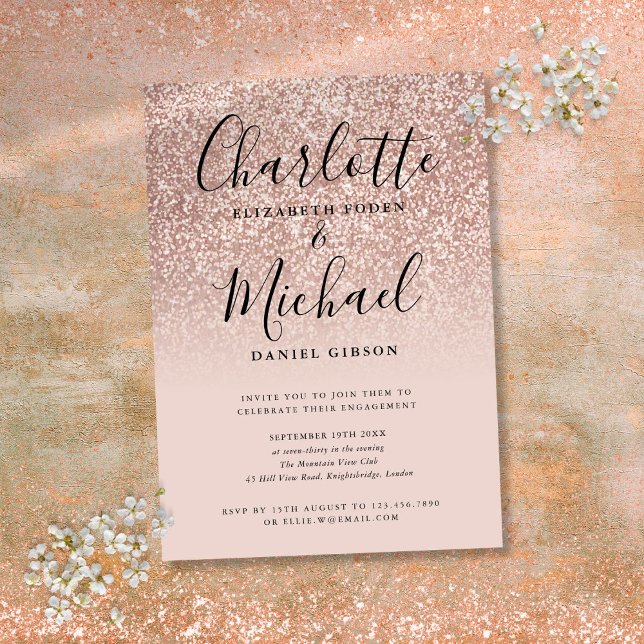 Invitation Rose Parties scintillant d'or Signature (Rose Gold Glitter Signature Engagement Party Invitation)