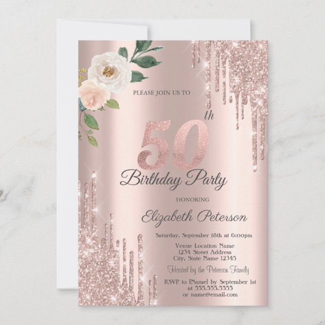 Invitation Rose Parties scintillant Drips Rose Gold 50e anniv (Devant)