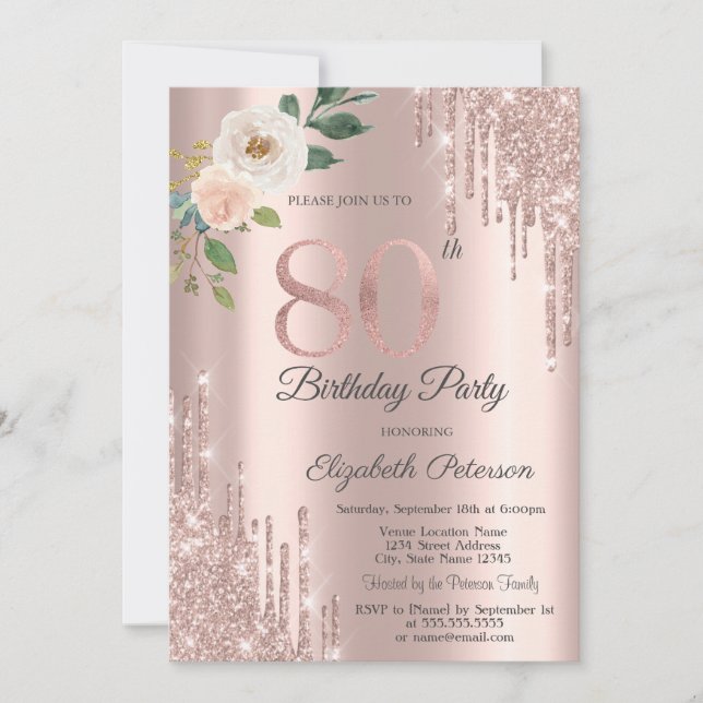 Invitation Rose Parties scintillant Drips Rose Gold 80e anniv (Devant)