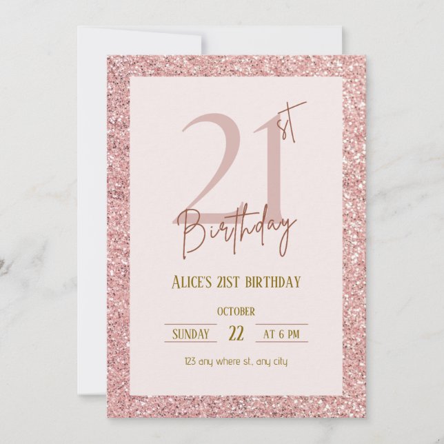 Invitation Rose Parties scintillant or 21e anniversaire (Devant)