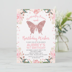 Invitation Rose Parties scintillant or Bisous papillon voeux