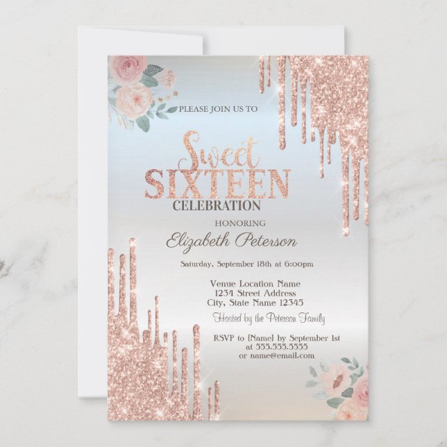 Invitation Rose Parties scintillant or  Boho Roses Silver Swe (Devant)