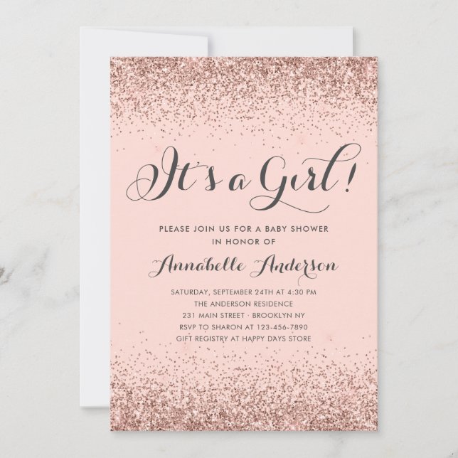 Invitation Rose Parties scintillant or Confetti Baby shower f (Devant)