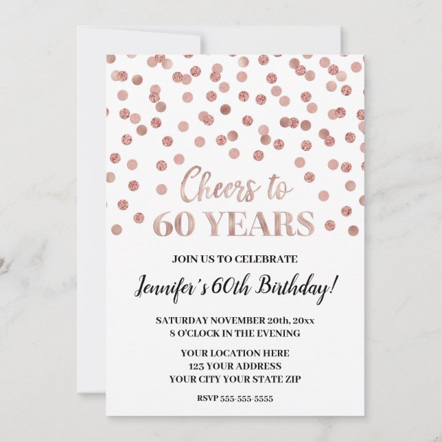 Invitation Rose Parties scintillant or Confetti Cheers à 60 a (Dos)