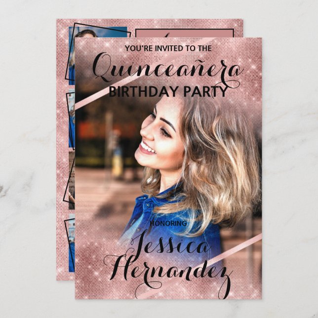 Invitation Rose Parties scintillant or Corners Photo Quinceañ (Devant / Derrière)