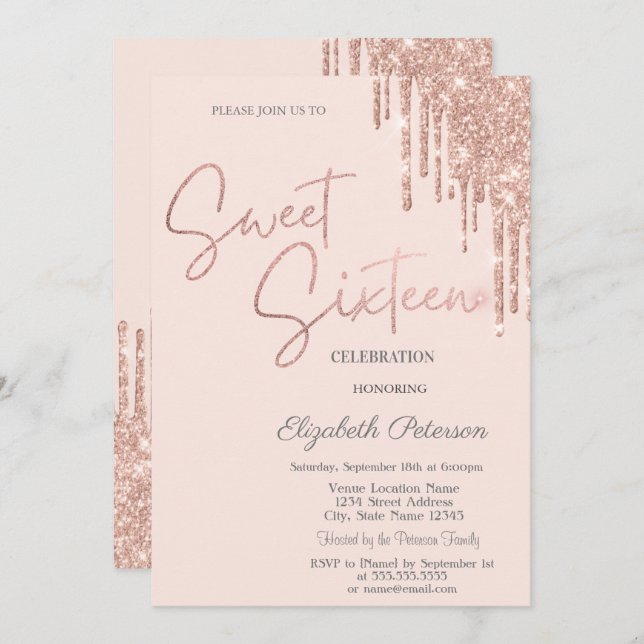 Invitation Rose Parties scintillant or  Drips Blush Rose Swee (Devant / Derrière)