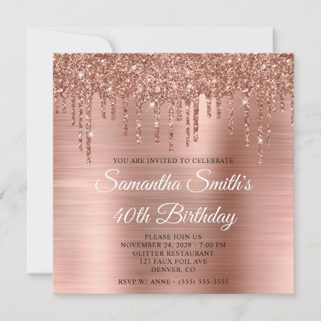 Invitation Rose Parties scintillant or Drips et Foil 40e anni (Devant)