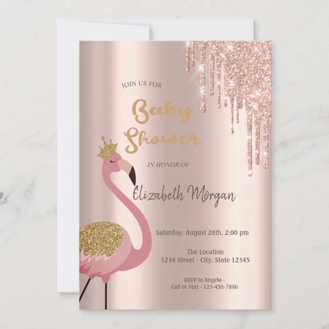 Invitation Rose Parties scintillant or, Flamants roses roses  (Devant)