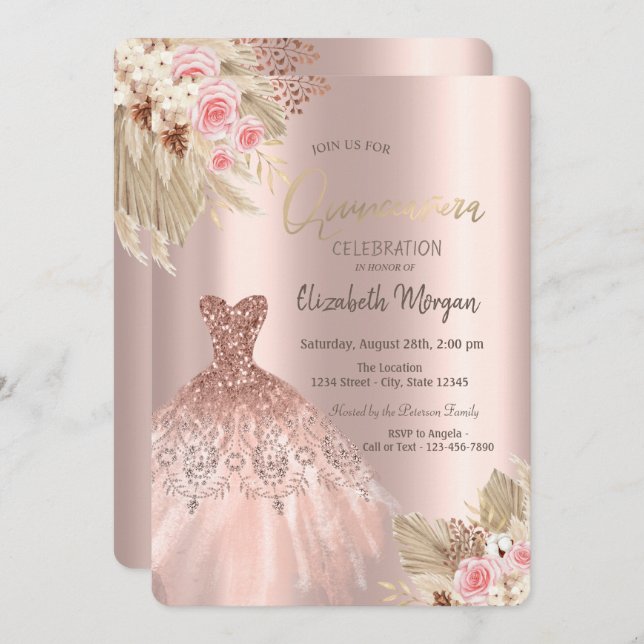 Invitation Rose Parties scintillant or Fleurs Robe Quinceañer (Devant / Derrière)