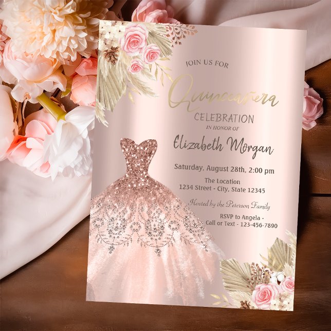 Invitation Rose Parties scintillant or Fleurs Robe Quinceañer (Créateur téléchargé)