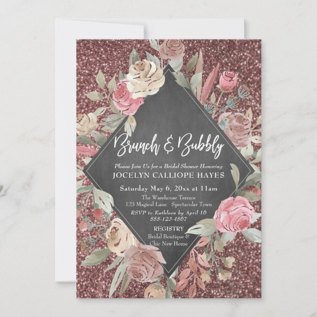 Invitation Rose Parties scintillant or Floral Chalkboard Brun (Devant)