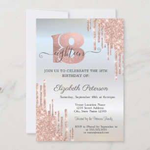 Invitation Rose Parties scintillant or gouttes argent 18e ann